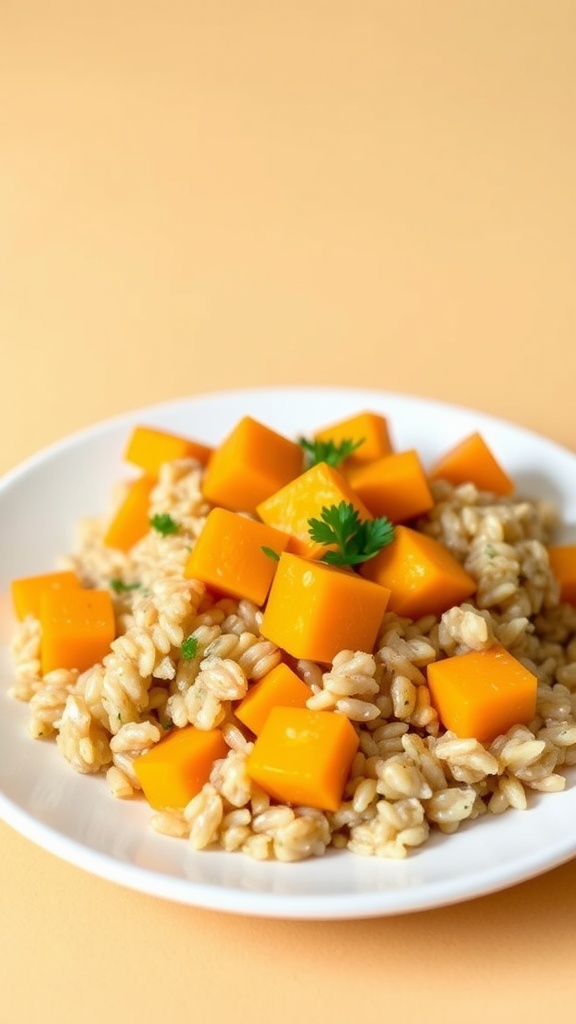 A serving of butternut squash and brown rice dish for toddlers, garnished with parsley.