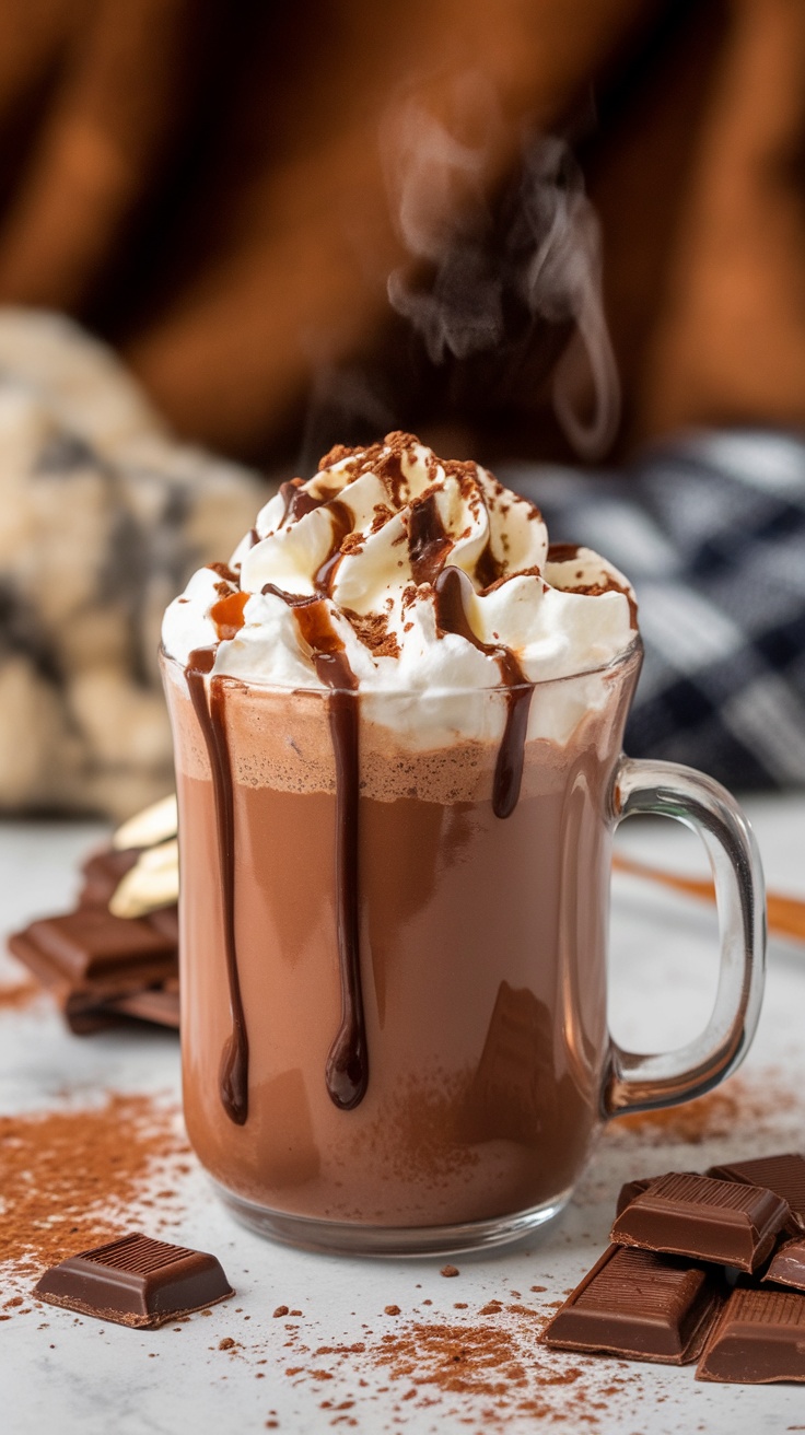 A cozy mug of homemade hot chocolate topped with whipped cream and chocolate sauce in a warm setting.