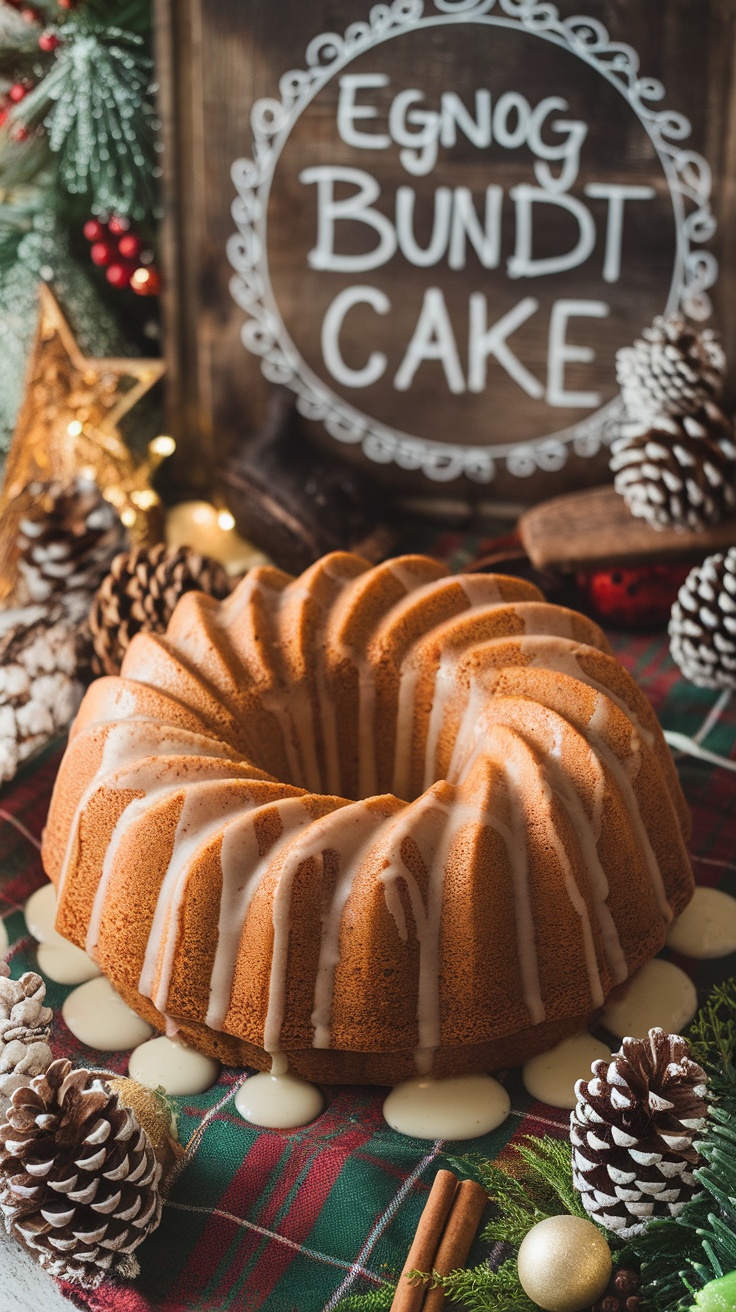 Holiday Eggnog Bundt Cake drizzled with nutmeg glaze on a festive table.