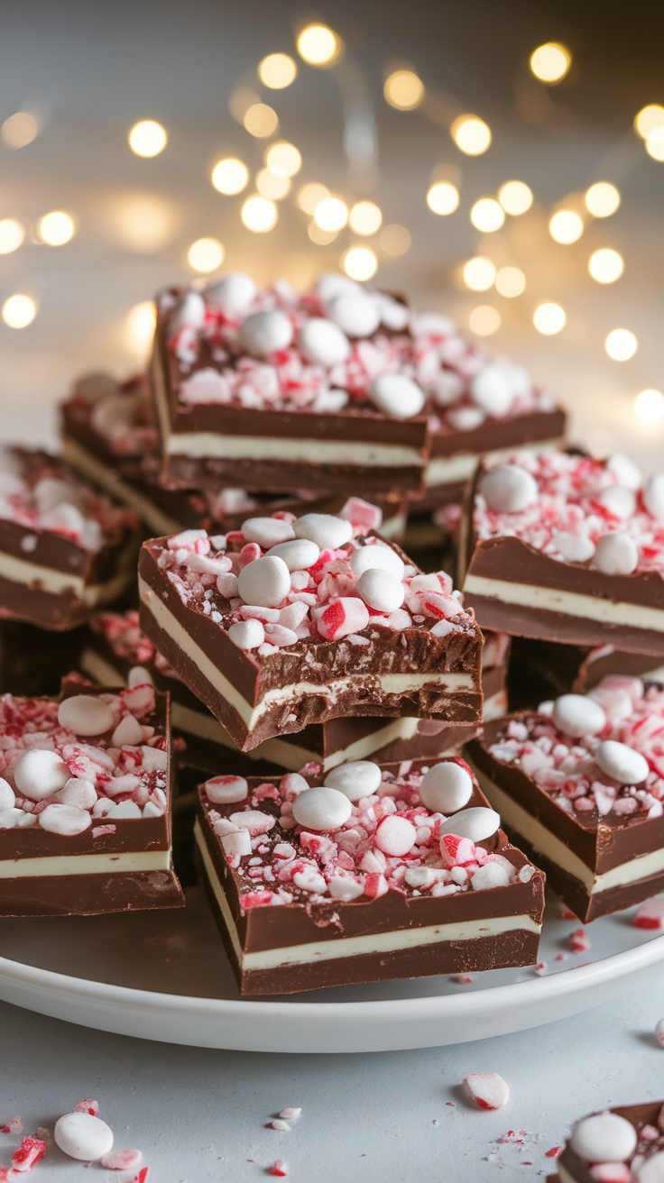 A festive plate of chocolate peppermint bark squares with crushed peppermint candy, ideal for holiday celebrations.