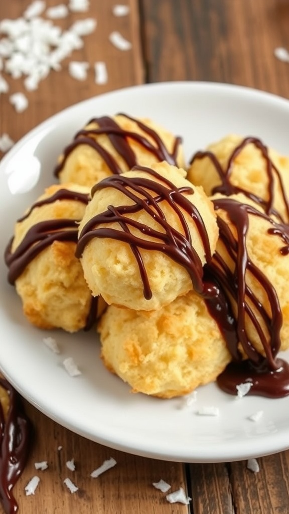 Coconut macaroons with chocolate drizzle on a rustic wooden plate.