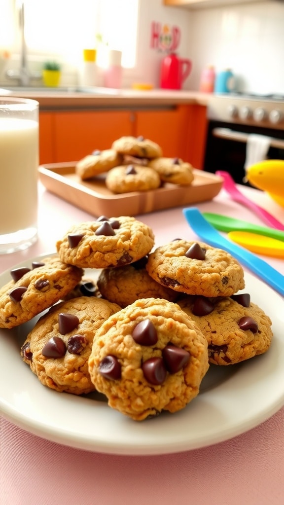 Plate of soft banana oatmeal cookies with chocolate chips, surrounded by children