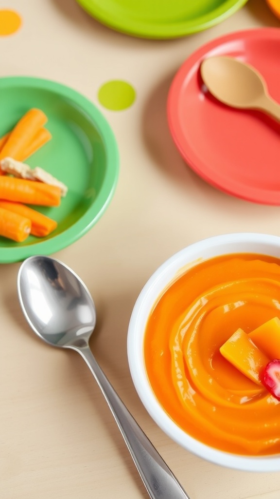 A bowl of carrot and ginger puree for toddlers with a spoon, set in a bright dining environment.