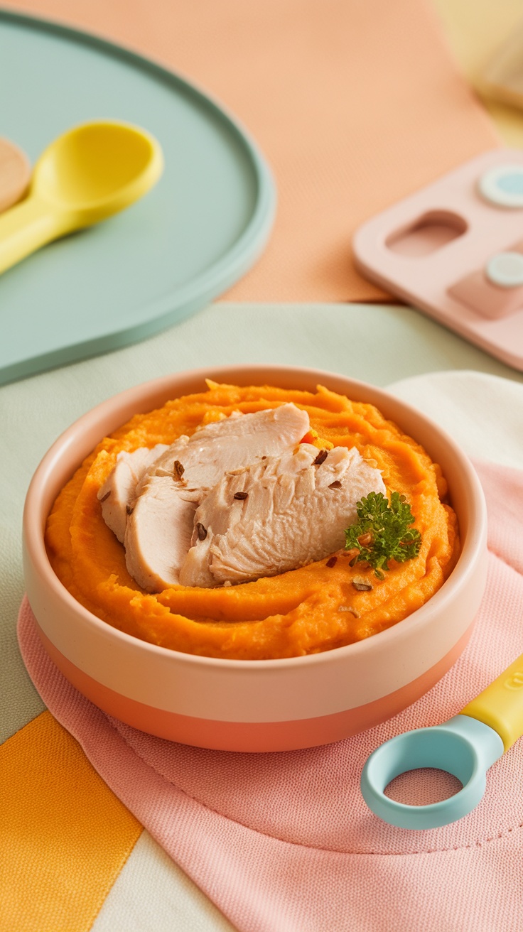 Creamy chicken and sweet potato mash for babies in a bowl, with a small spoon and cheerful kitchen background.