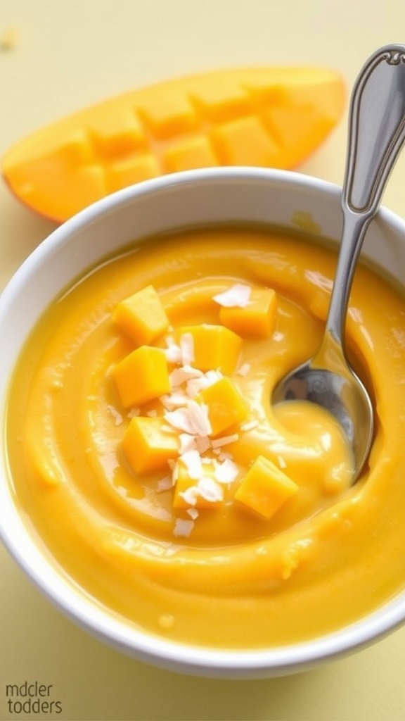 A bowl of mango and coconut puree garnished with fresh mango pieces and shredded coconut, with a toddler spoon beside it.