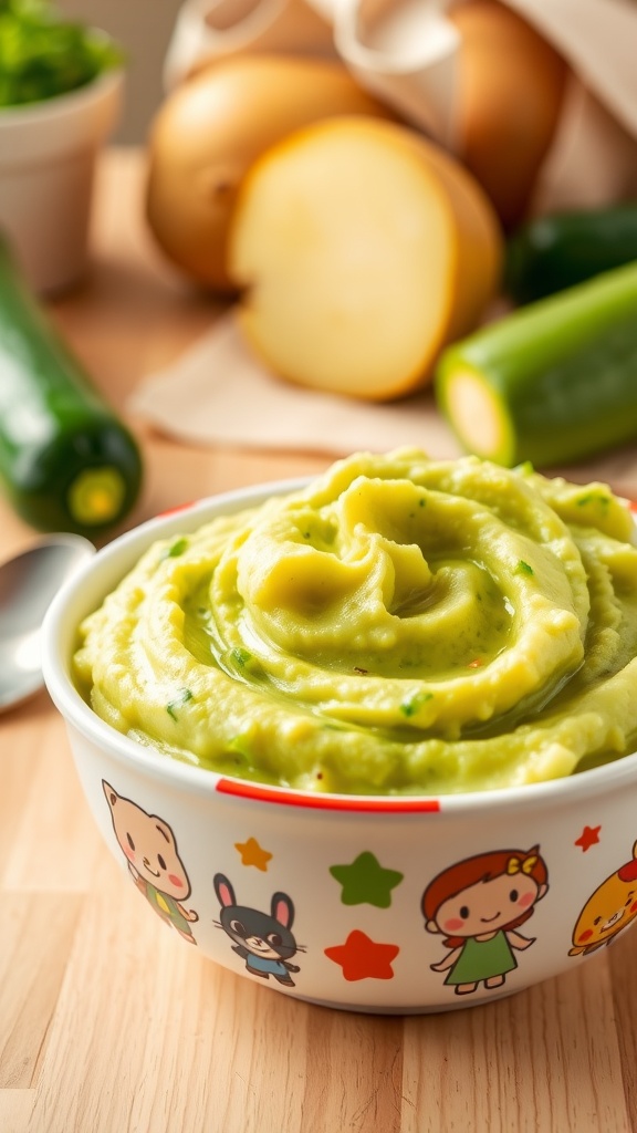 Creamy zucchini and potato mash in a colorful bowl, surrounded by fresh zucchini and potatoes.