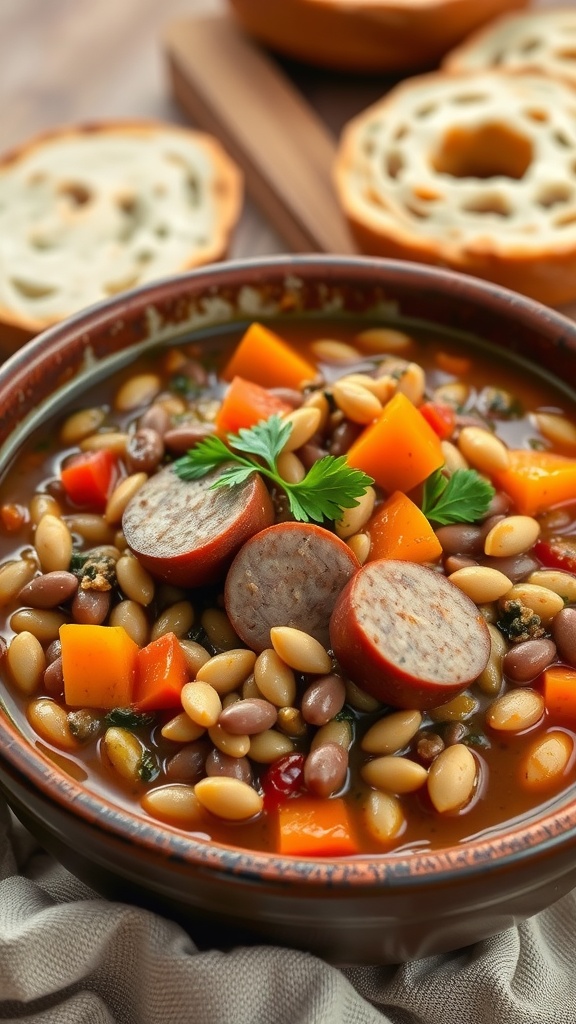 A delicious bowl of sausage and lentil stew with carrots and bell peppers, garnished with parsley, served with bread on a wooden table.