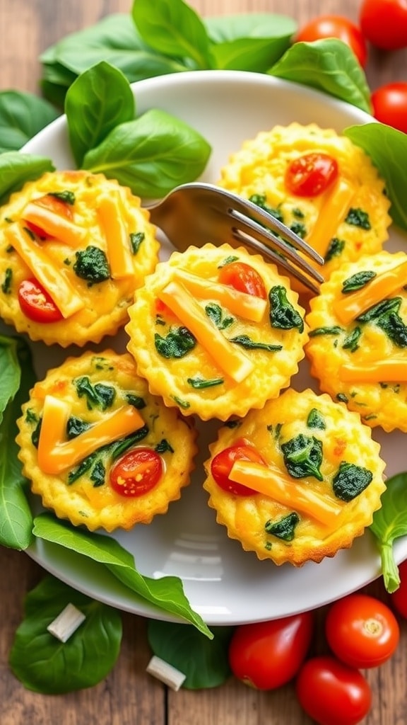 Cheesy spinach and egg muffins on a plate, garnished with spinach and cherry tomatoes.