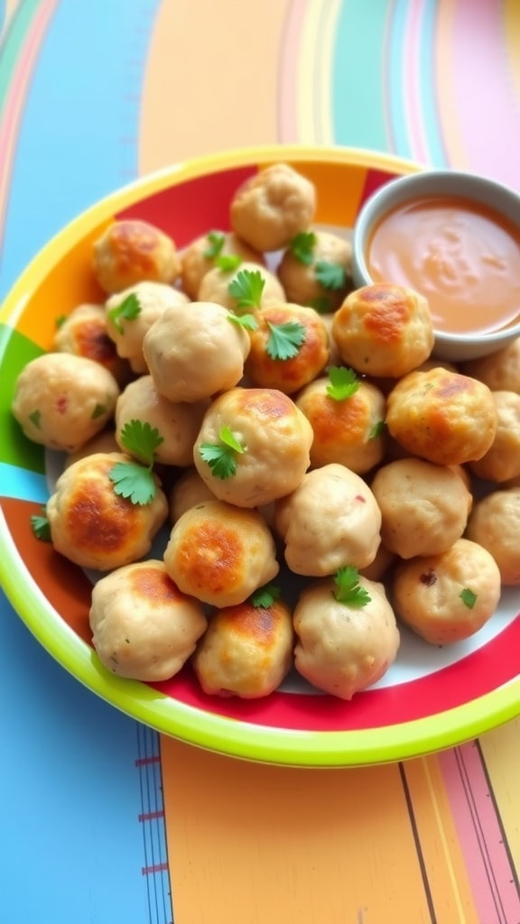 Mini chicken and vegetable meatballs on a plate with dipping sauce, garnished with parsley.