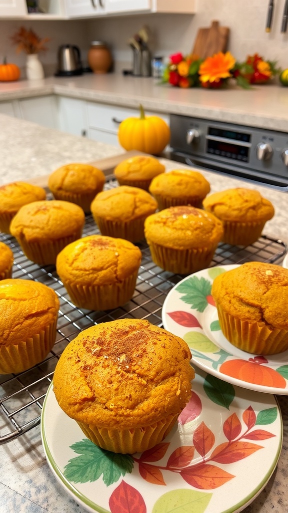 Freshly baked pumpkin spice muffins on a wire rack with a cozy kitchen backdrop.