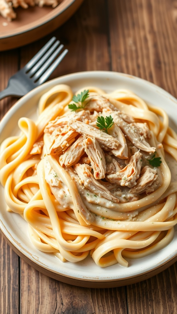 A bowl of creamy Chicken Alfredo Pasta with fettuccine, rotisserie chicken, and Parmesan garnish.