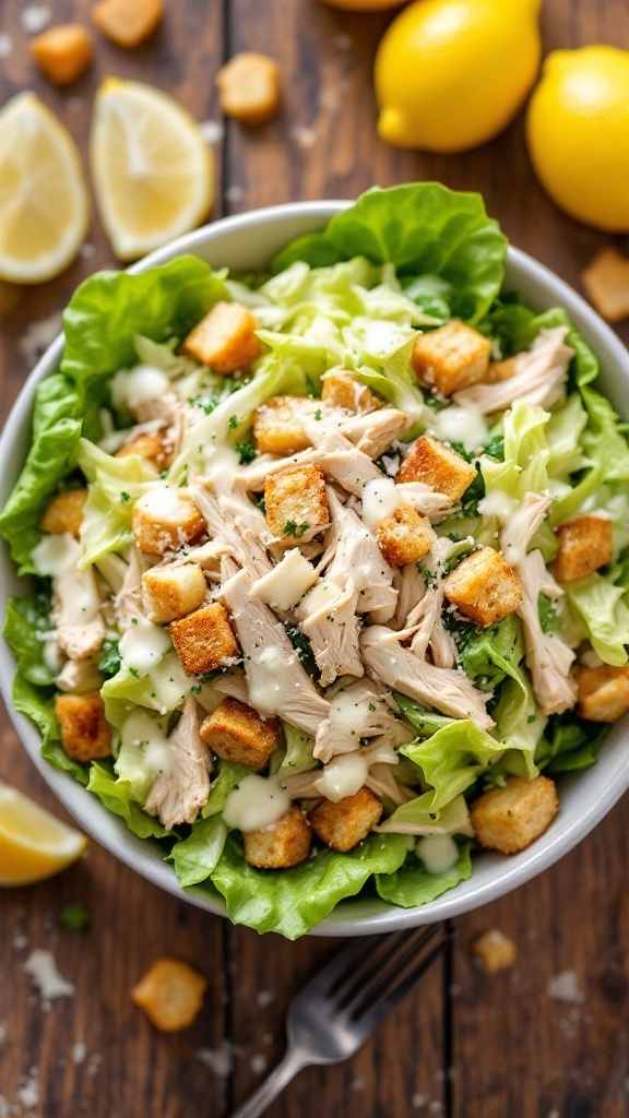 A colorful Caesar salad with romaine lettuce, rotisserie chicken, croutons, and Parmesan cheese on a wooden table.