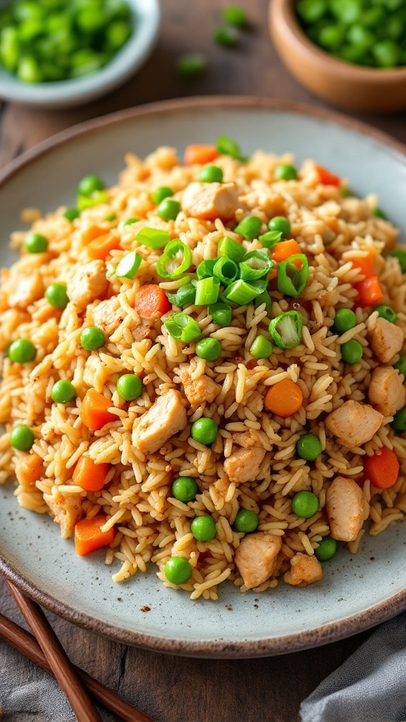 A colorful serving of chicken fried rice featuring chicken, peas, carrots, and green onions, with chopsticks on a wooden table.