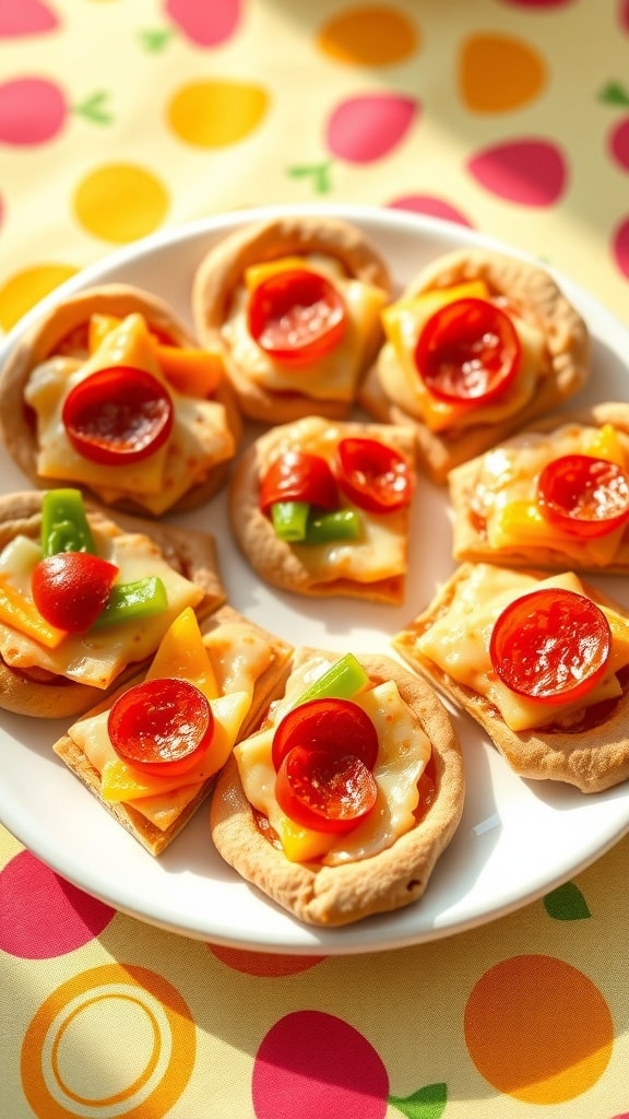 Colorful mini pita pizzas with melted cheese, pepperoni, and veggies, served on a cheerful plate.