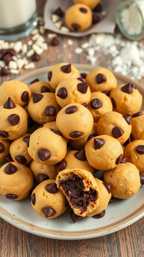 A plate of no-bake chocolate chip cookie dough bites surrounded by chocolate chips and a glass of milk.