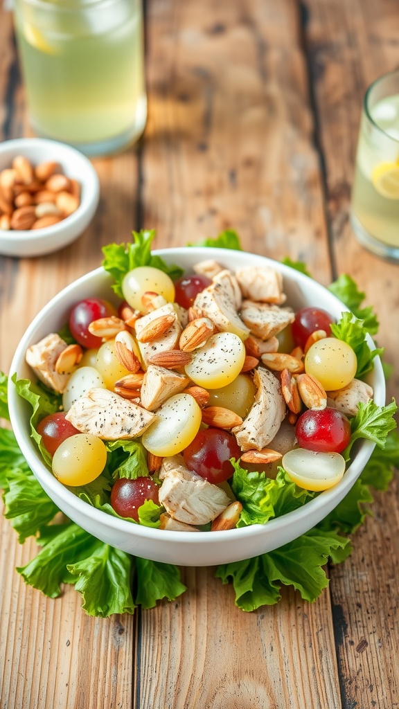 A colorful rotisserie chicken salad with grapes and almonds on lettuce, alongside a glass of lemonade.