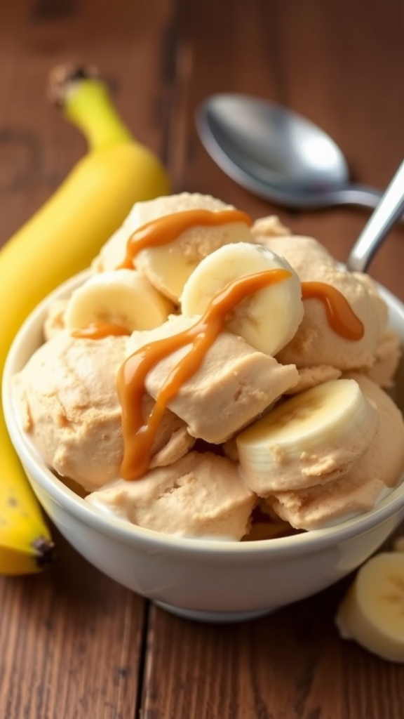 Creamy peanut butter banana ice cream in a bowl, garnished with banana slices and peanut butter drizzle, on a rustic wooden table.