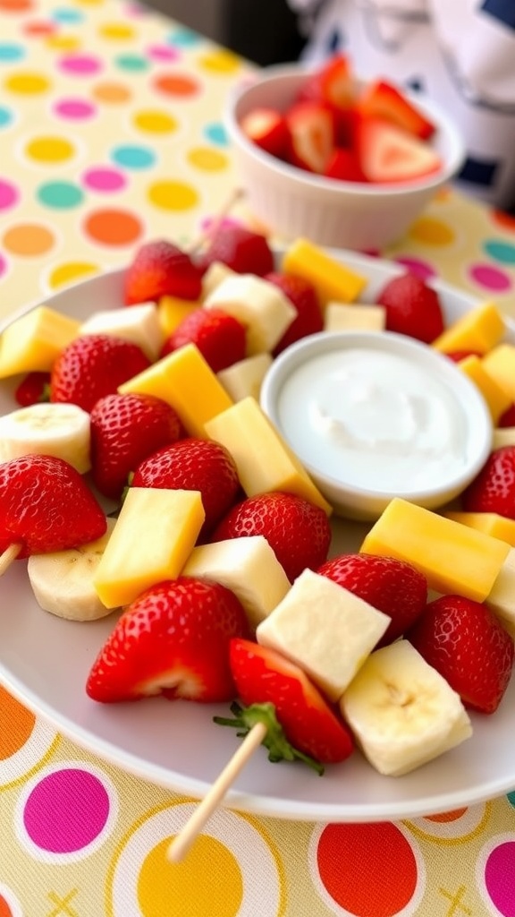 Colorful fruit kebabs made of strawberries, bananas, and melon on wooden skewers, served with yogurt dip.