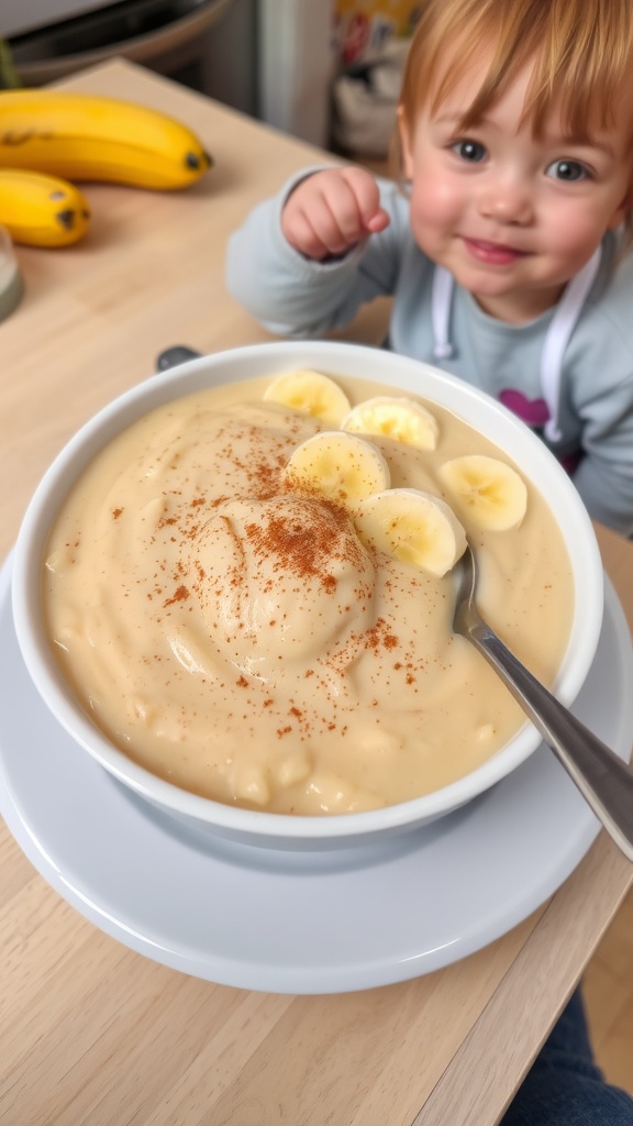 Creamy rice and banana pudding in a bowl, topped with banana slices, on a kitchen table.