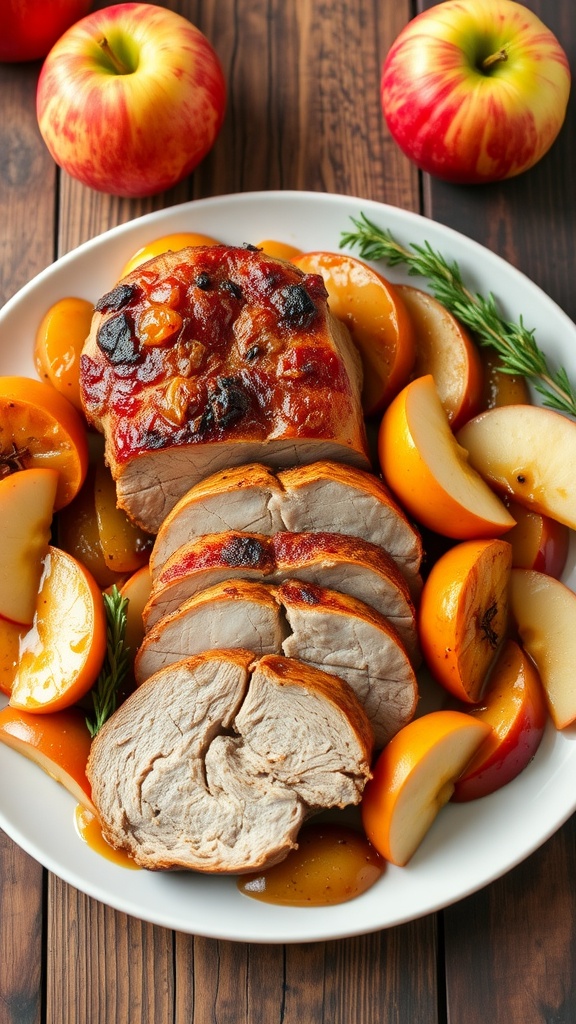 Sliced slow cooker pork tenderloin with apples and onions on a rustic table setting.