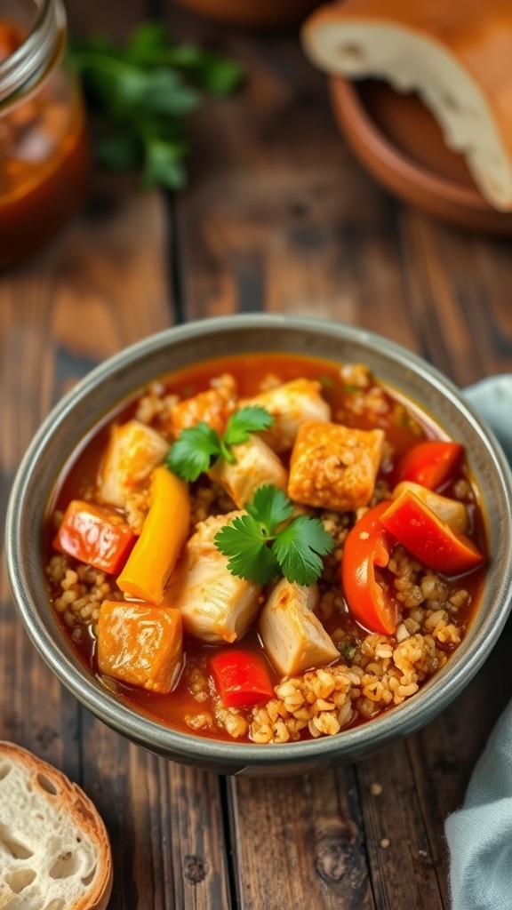 A delicious bowl of spicy chicken and quinoa stew with chicken, bell peppers, and quinoa, garnished with cilantro on a rustic table.