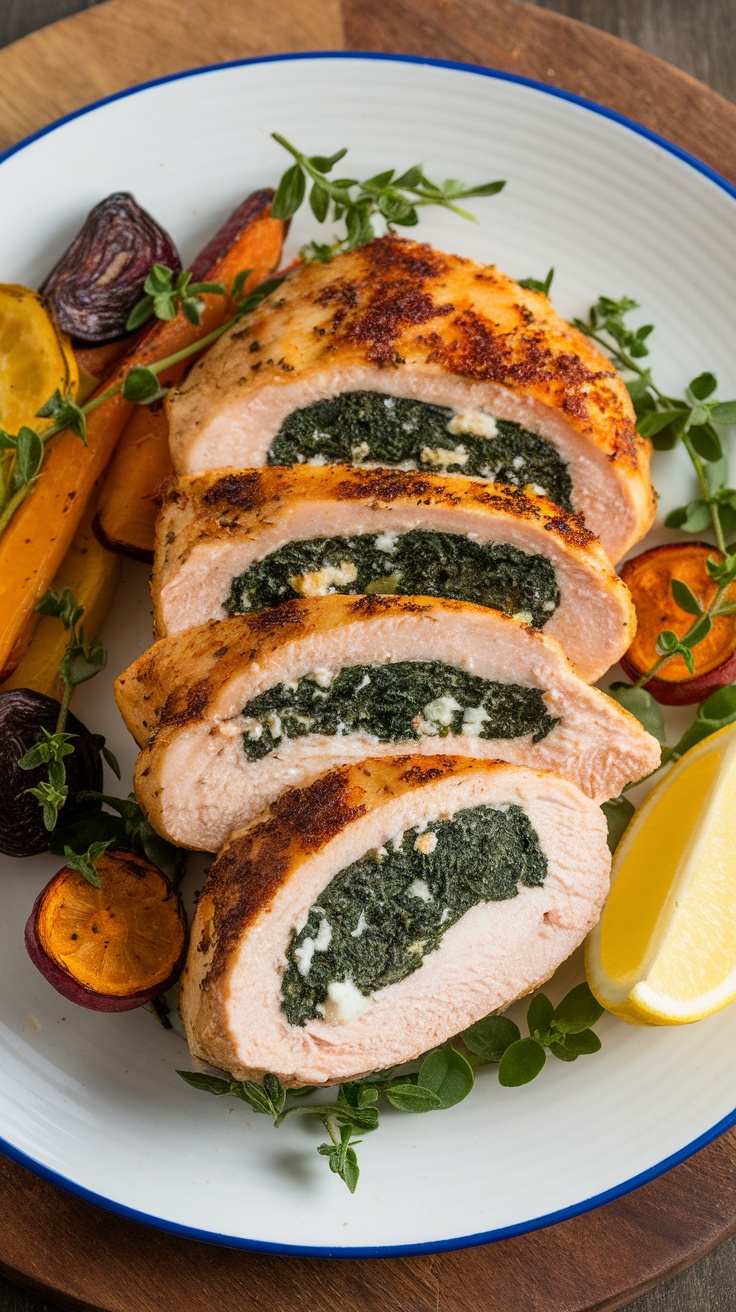 Stuffed chicken breasts filled with spinach and feta, served with roasted vegetables on a plate.