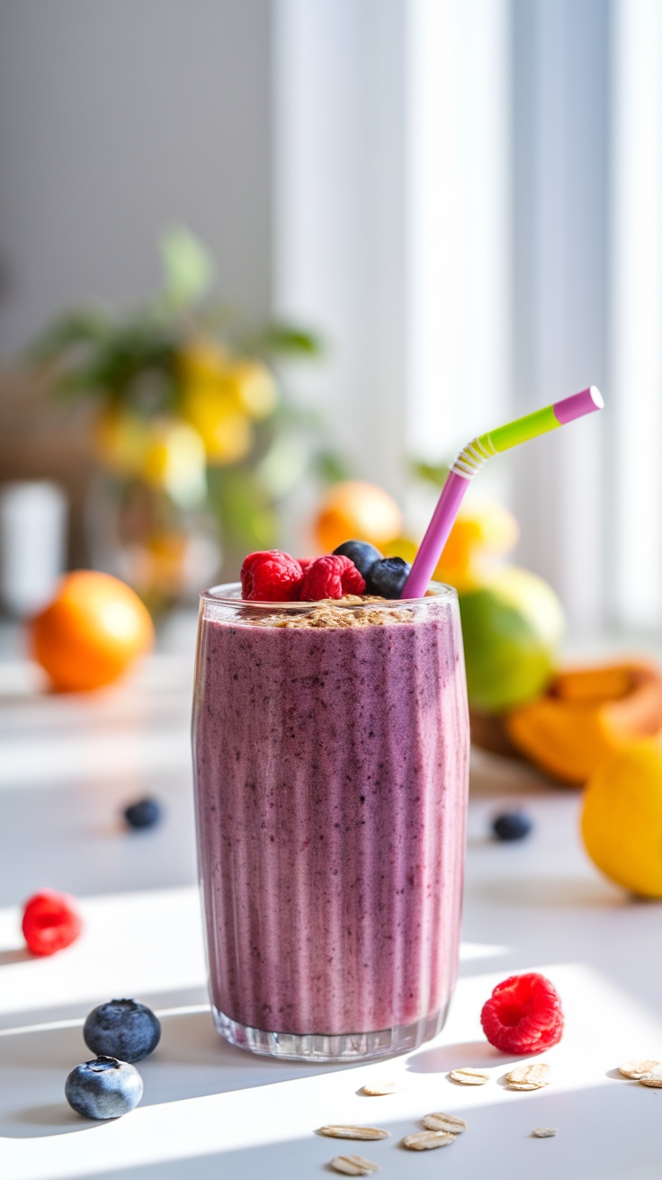 A colorful oatmeal berry smoothie topped with berries and oats in a bright kitchen setting.