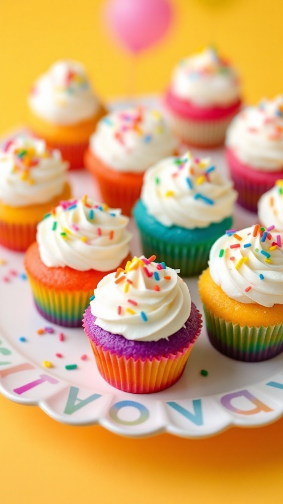 Mini rainbow cupcakes with colorful layers and white frosting topped with sprinkles on a platter.