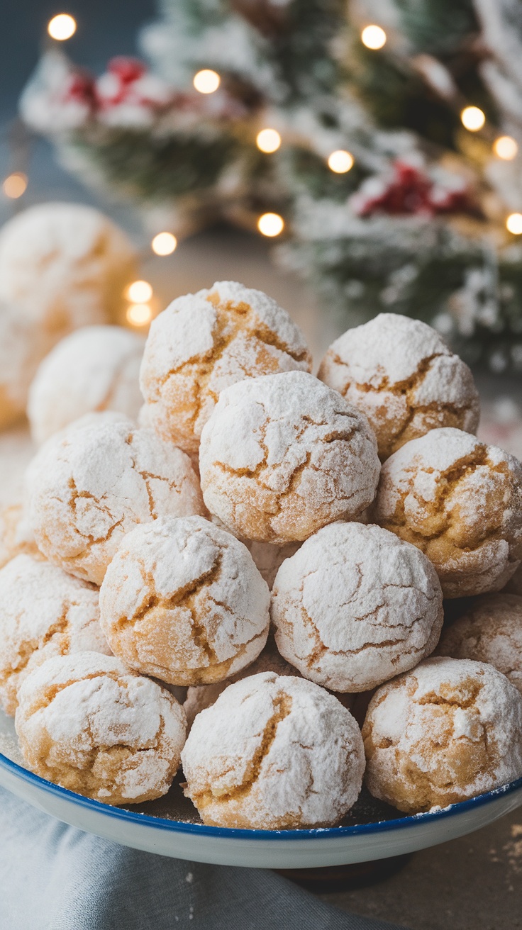 A plate of snowball cookies rolled in powdered sugar, surrounded by holiday decorations.