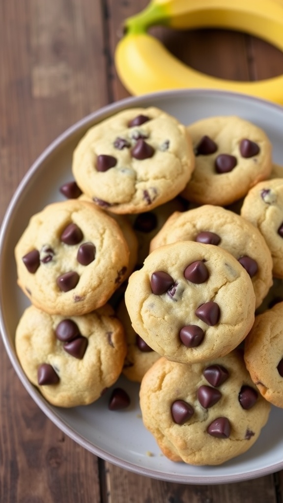 Plate of soft chocolate chip banana cookies with golden edges on a rustic table.