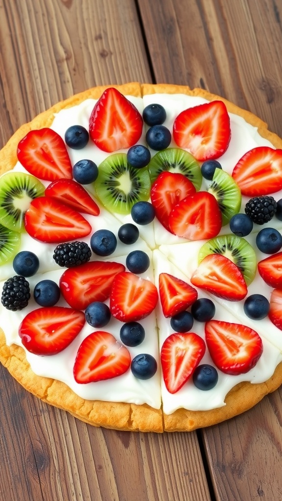 A vibrant fruit pizza with cream cheese frosting, featuring assorted fresh fruits on a cookie crust, sliced into wedges.