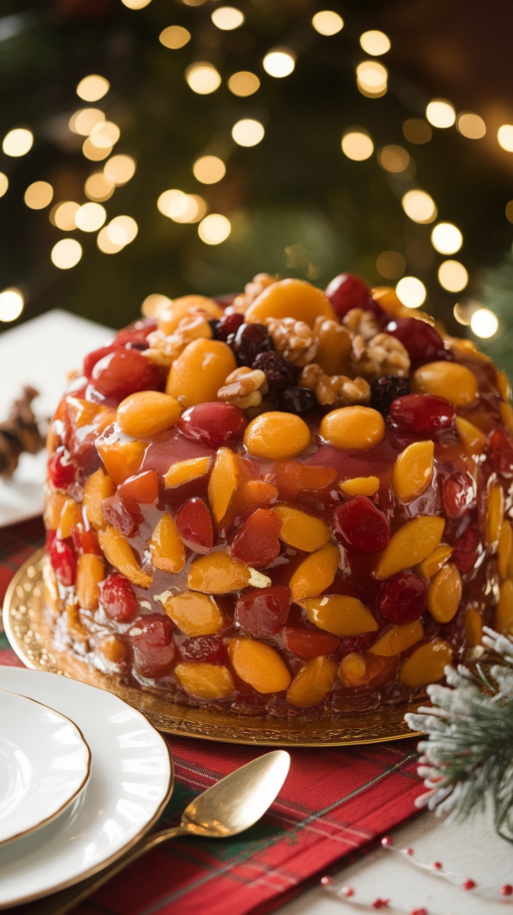 A holiday fruitcake with nuts and dried fruits, glazed and decorated, on a festive table.