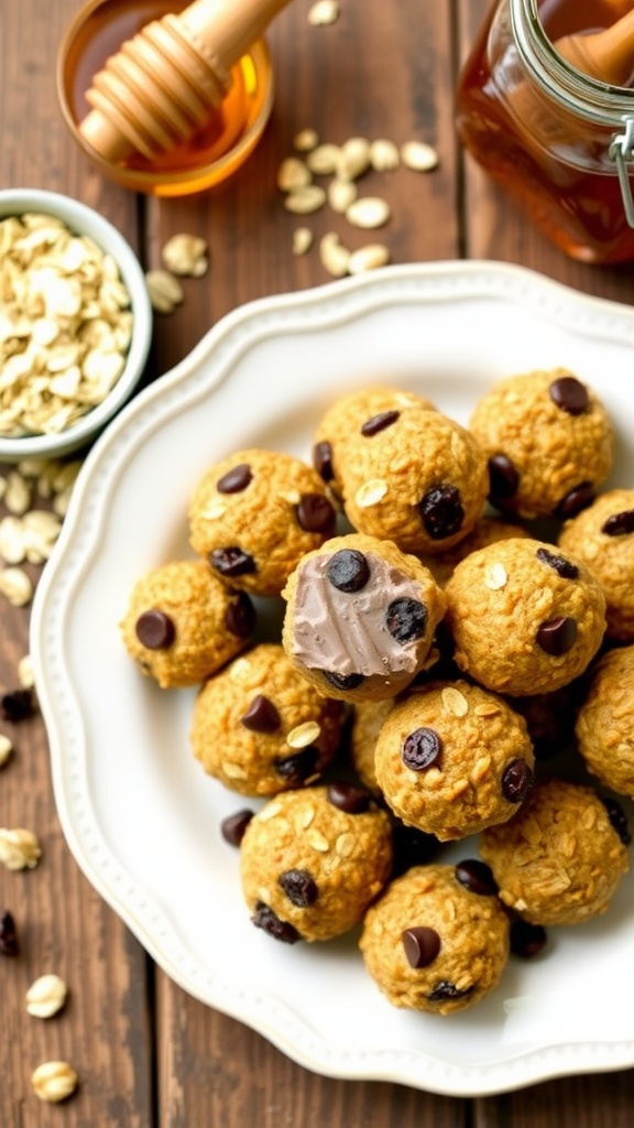 A plate of no-bake oatmeal raisin energy bites with oats and honey in the background.