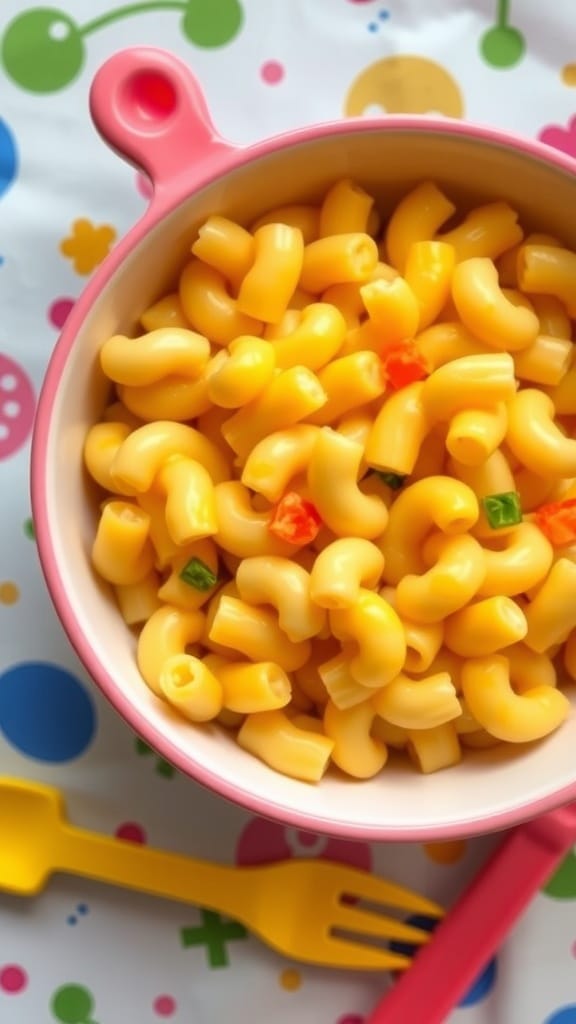 Creamy macaroni and cheese with hidden veggies, featuring elbow pasta coated in cheese sauce with carrot and cauliflower, on a playful table.