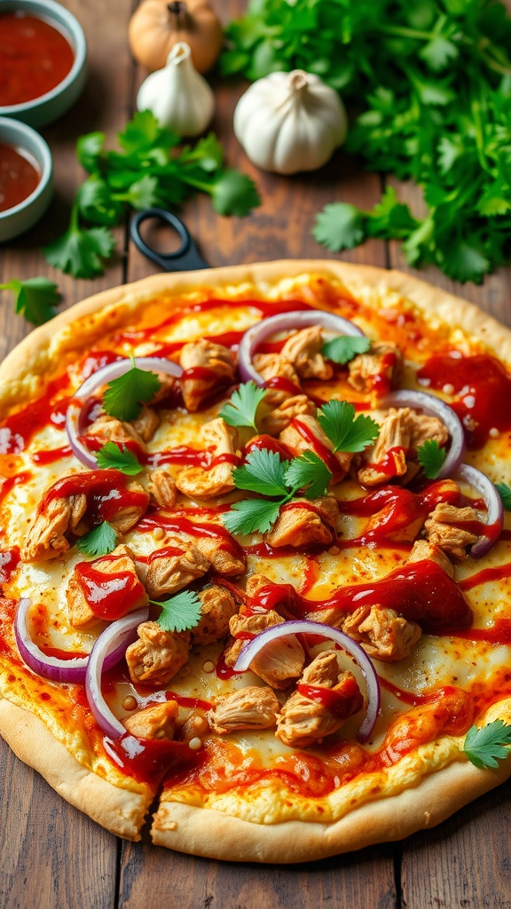 A delectable barbecue chicken pizza with chicken, cheese, and onions, garnished with cilantro, on a rustic wooden table.