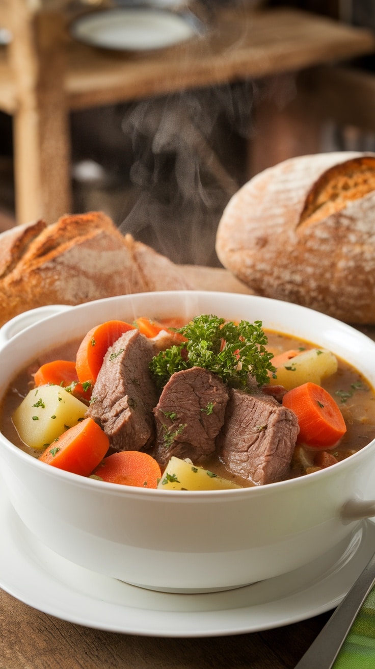 A bowl of beef and vegetable stew with carrots and potatoes, garnished with parsley, on a rustic table with bread.