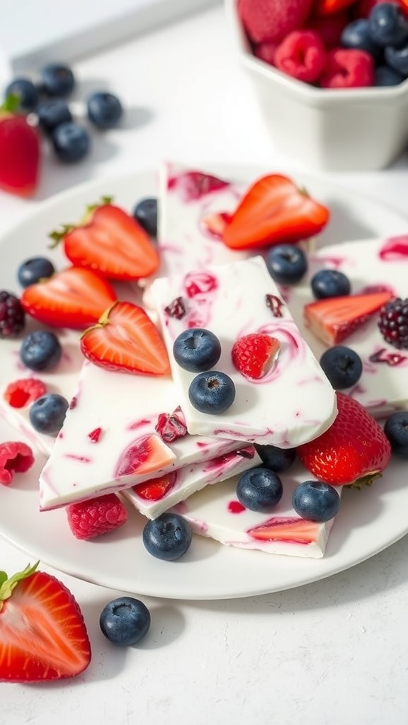 Colorful berry frozen yogurt bark with strawberries, blueberries, and raspberries on a plate.