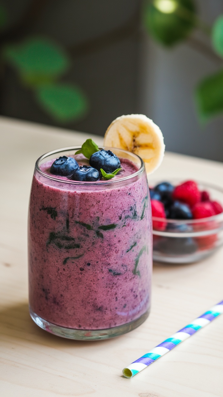 A refreshing berry spinach smoothie in a glass, garnished with blueberries and banana, on a wooden table with berries.