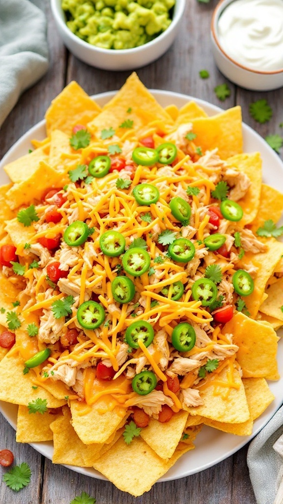 A delicious plate of nachos topped with chicken, cheese, jalapeños, and garnished with cilantro, served with sour cream and guacamole.