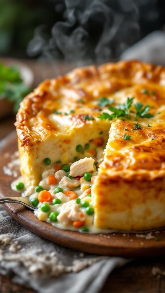 A golden chicken pot pie with flaky crust, revealing creamy filling of chicken and vegetables on a wooden table.