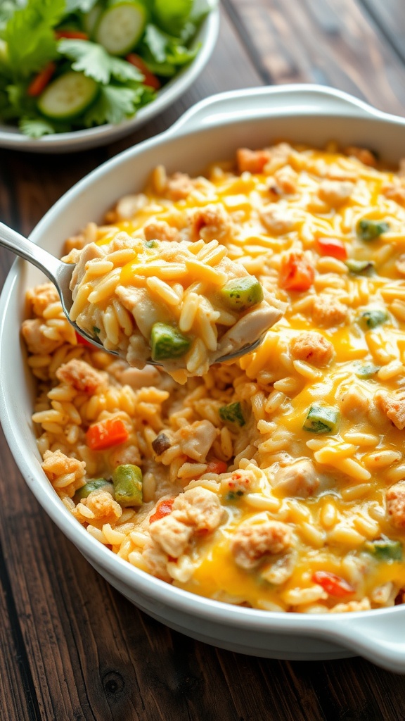 A golden brown chicken and rice casserole filled with vegetables and topped with cheese, on a wooden table.