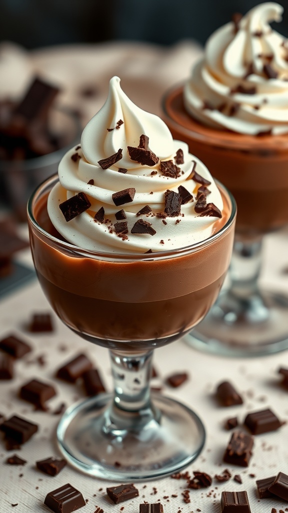 Rich chocolate mousse in glass cups topped with whipped cream and chocolate shavings on a decorative table.