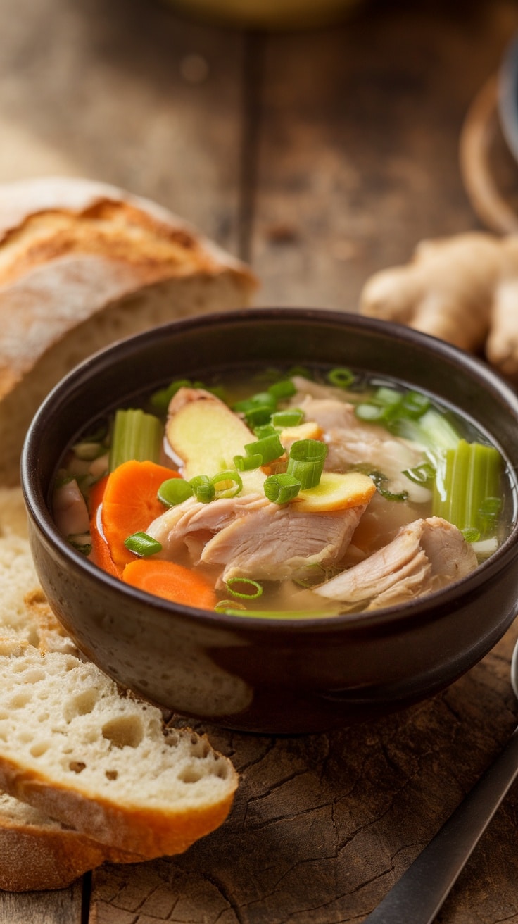 A bowl of comforting chicken and ginger soup filled with chicken, carrots, celery, and ginger, garnished with green onions.