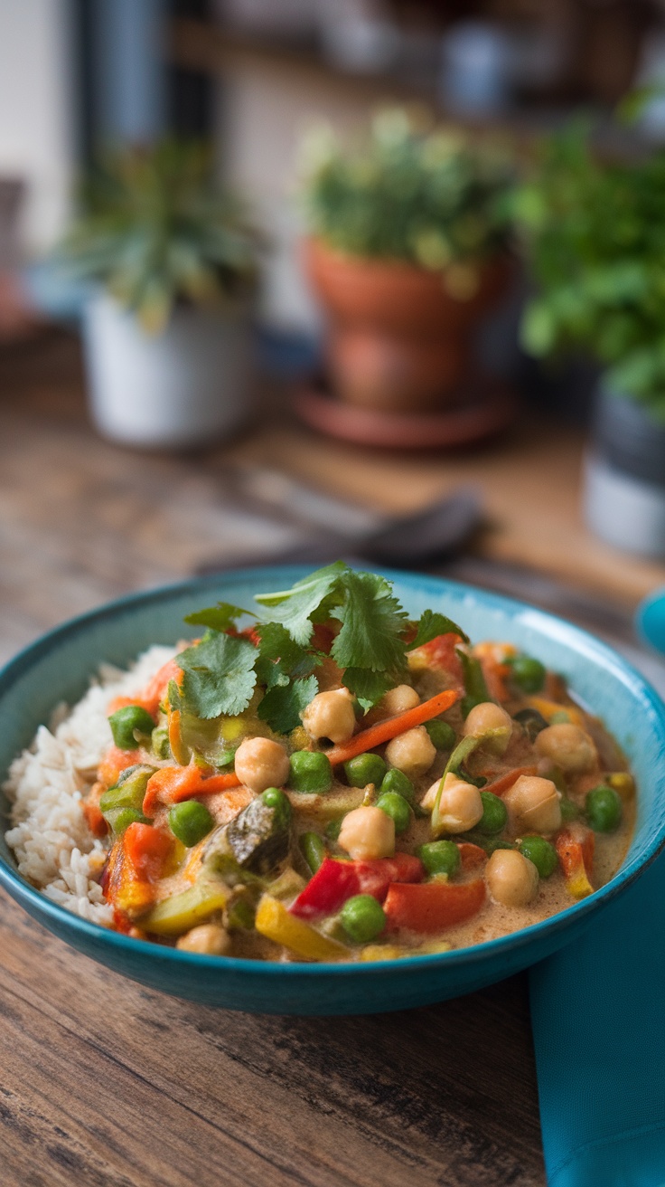 A bowl of creamy vegetable and chickpea curry with colorful vegetables, served over rice, garnished with cilantro.