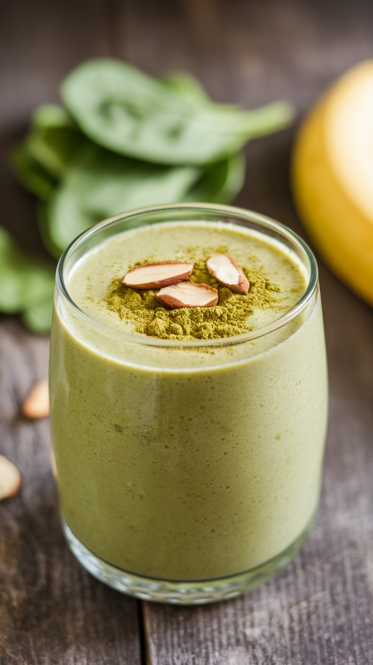 A green matcha almond smoothie in a glass, garnished with almond slices, on a wooden table with fresh ingredients.