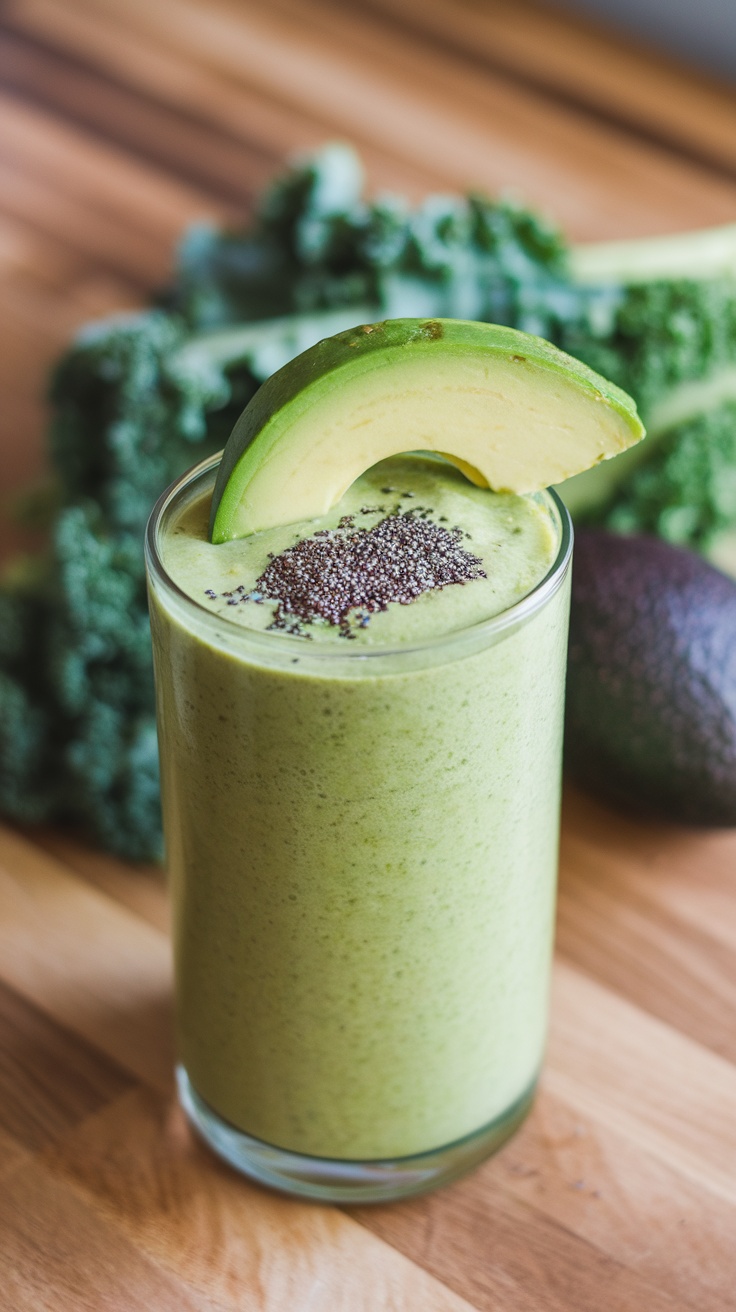 Green avocado kale smoothie in a glass, garnished with avocado slice and chia seeds, on a wooden table.