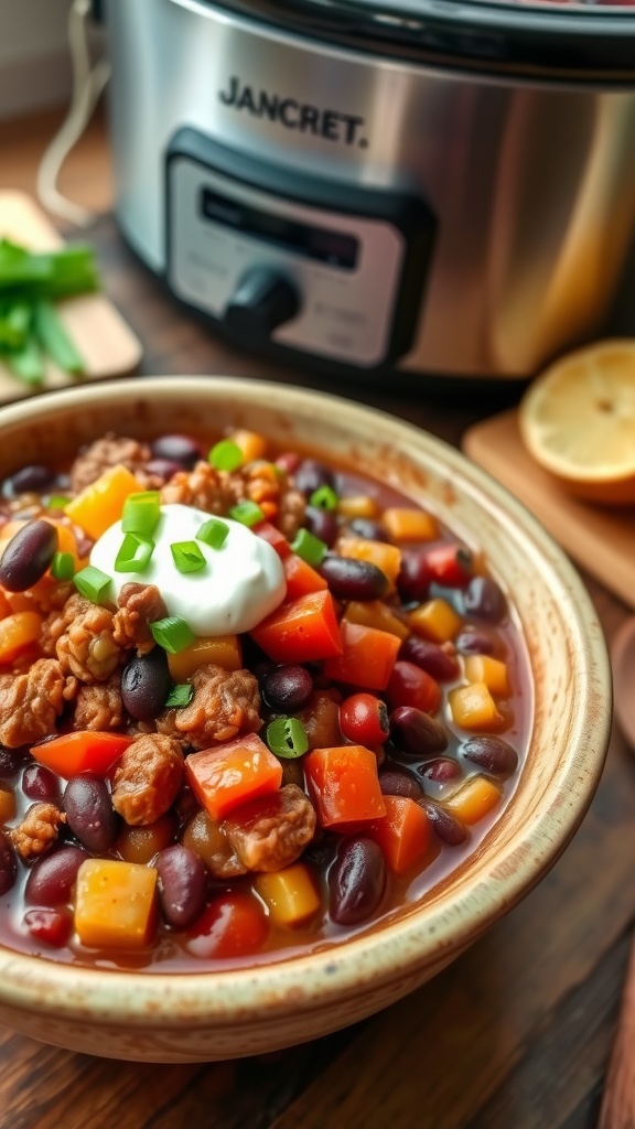 A steaming bowl of beef and bean chili topped with sour cream and green onions, set on a rustic wooden table.