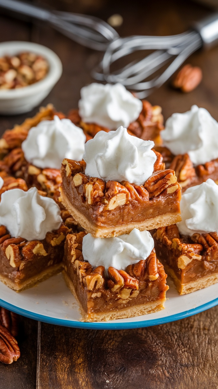 Pecan pie bars on a plate with whipped cream, showcasing the nutty filling, set on a rustic wooden table.