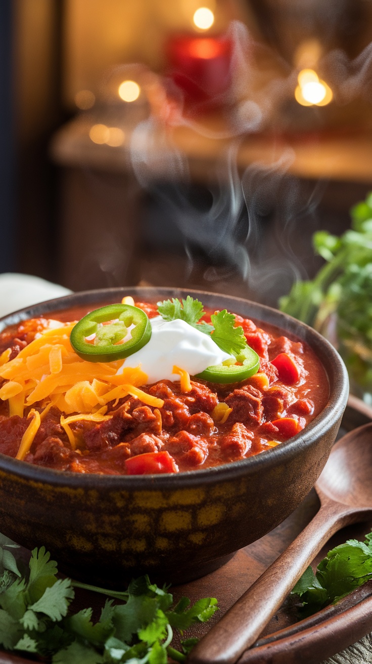 A delicious bowl of beef chili garnished with cheese and cilantro, with a wooden spoon on a rustic kitchen table.