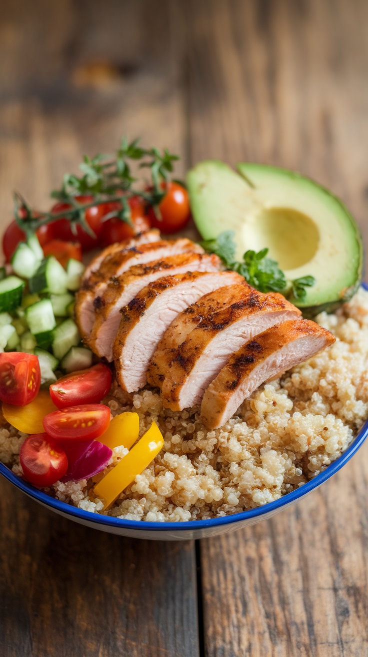 Nutrient-dense chicken quinoa bowl with grilled chicken, colorful vegetables, and avocado on a rustic table.